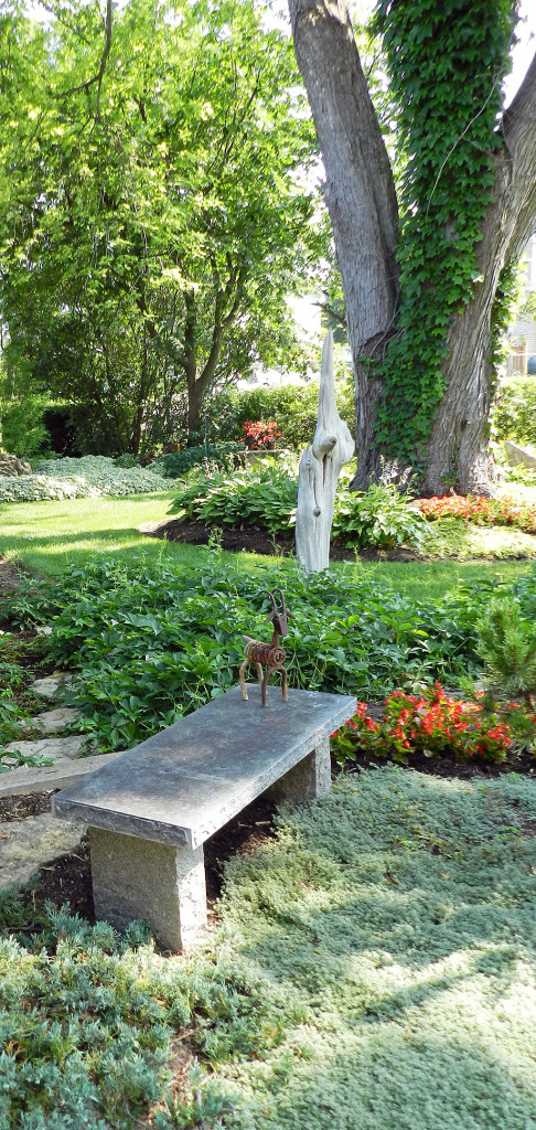 This view is full of texture: a little wire animal perches on a stone bench while the stark driftwood piece draws the eye upward to the massive old sugar maple tree. Tiny-leaved creeping thyme groundcover anchors the scene.