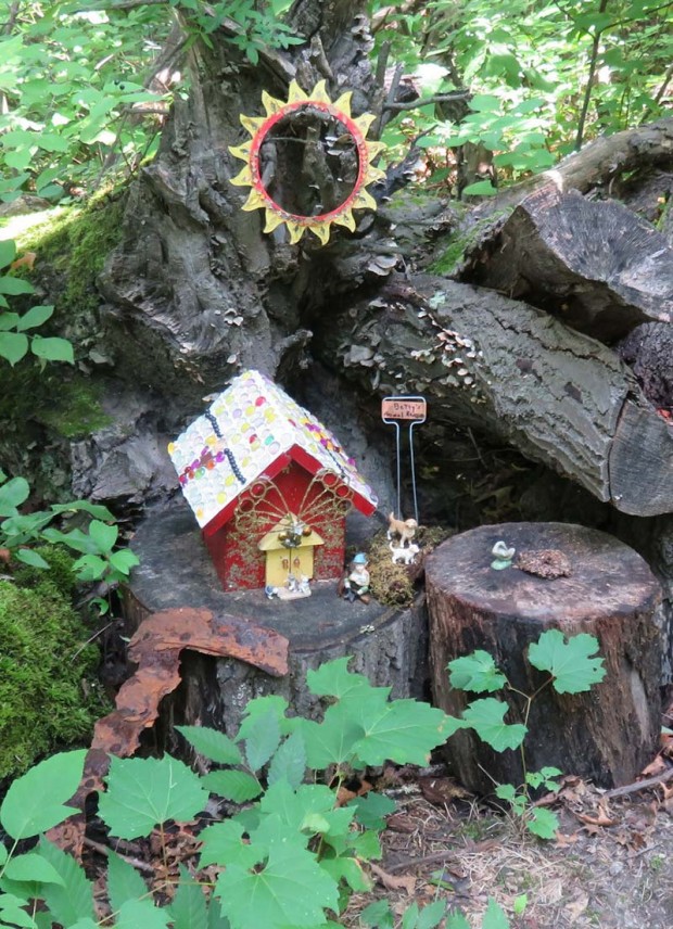 Many gnome homes line the woodland path.