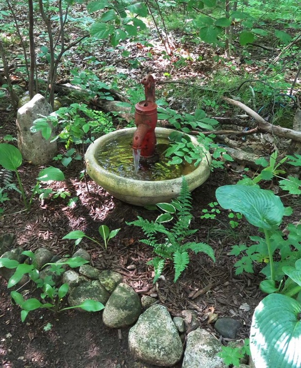 Elaine and Roy Smith ran an electrical line out into the wooded area of their garden so the sound of this bubbling fountain greets you on the trail.