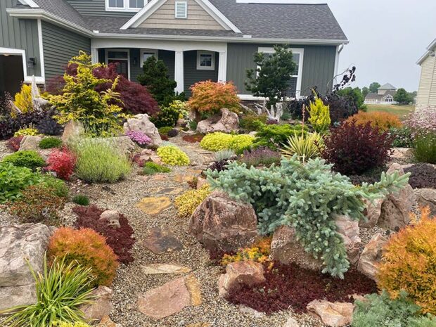 Chris Hansen displays an abundance of color in his garden using predominantly the foliage of perennials, conifers, trees, and shrubs.