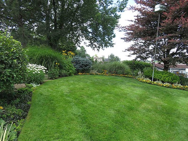 The lawn is framed by a mixed border of perennials, grasses, and shrubs, designed by Beth Rubinstein.