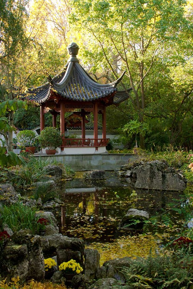 The Chinese garden pavillion rests peacefully in the fall.