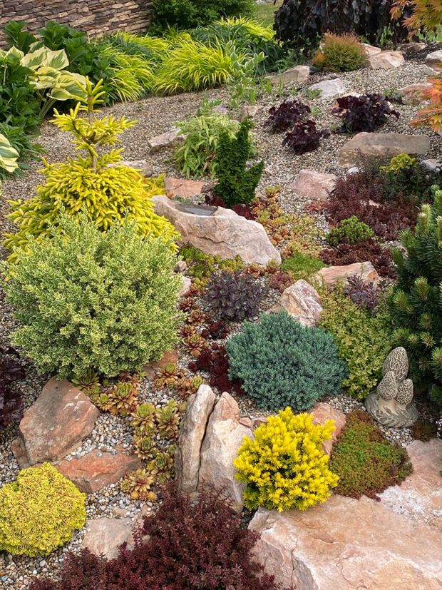The garden's boulders are a type of sandstone whose buff tan color is a perfect neutral background for plants.